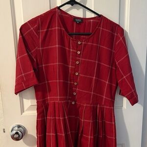 Red plaid cotton midi dress - sustainably made (selvage fabric)